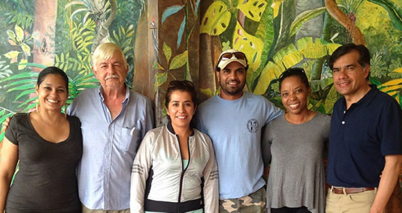 At Iwokrama River Lodge : From left are Dr Raquel Thomas-Caesar, Mr Ken Rodney, Ms. Erika Morales, Mr Adit Sharma and Ms Vanessa Benn