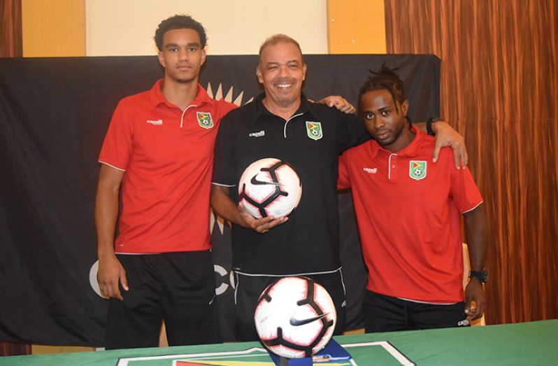 Golden Jaguars defender Terence Vancooten (left), along with head coach Marcio Maximo and winger Trayon Bobb following their pre-game press conference.