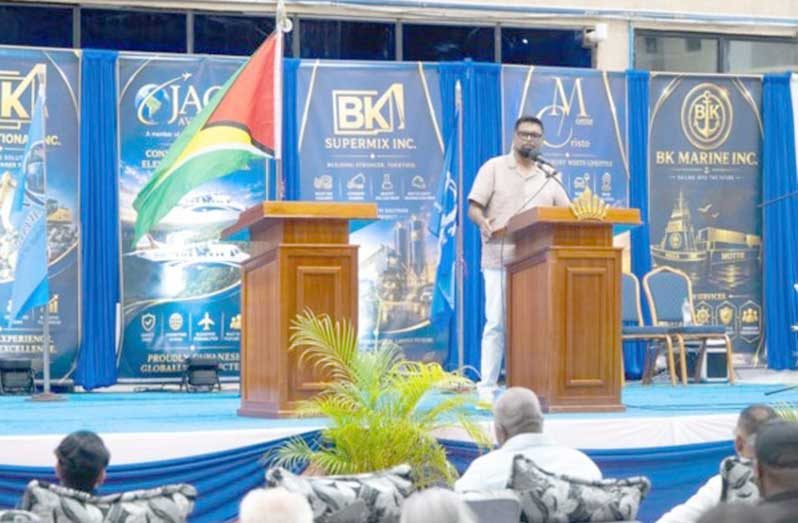 President Irfaan Ali addressing the gathering at BK Hangar, Ogle