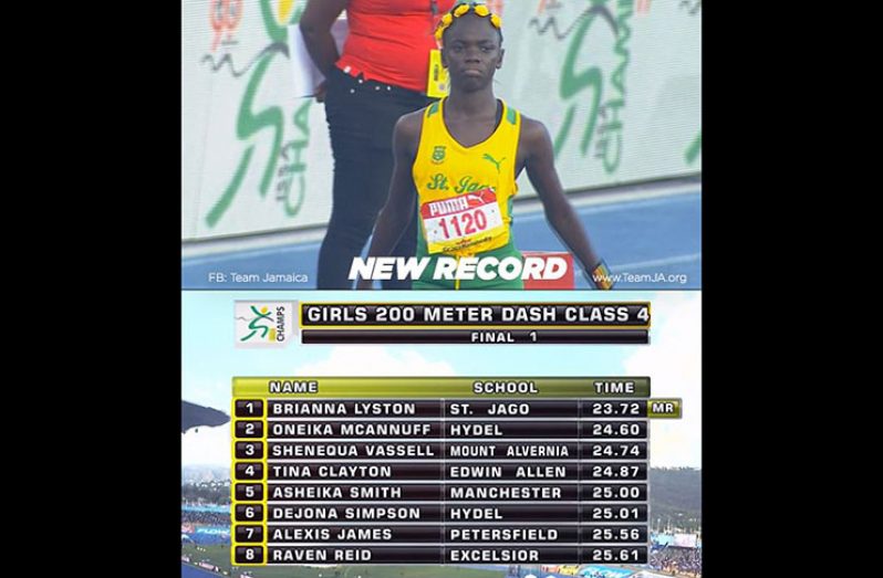 Brianna Lyston beat the Girls’ Class Four 200-metre record in Kingston by posting 23.72 secs.