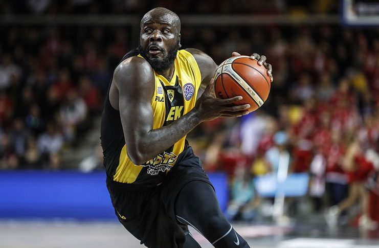 Delroy James goes hard to the basket for AEK Athens during the FIBA Basketball Champions League.