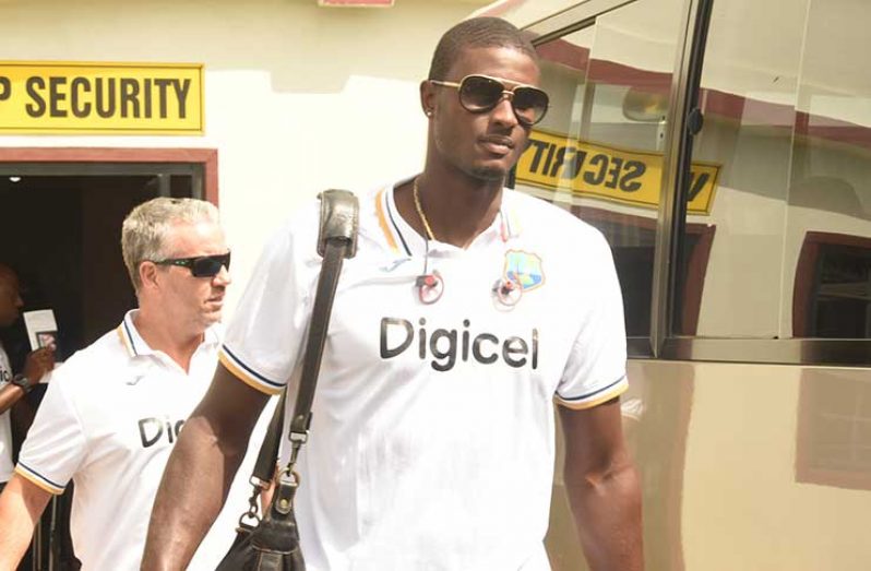 West Indies Captain Jason Holder upon his arrival at the Cheddi Jagan International Airport on Monday (Adrian Narine photo).