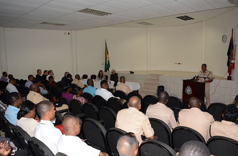 Acting Commissioner of Police, David Ramnarine, addressing the opening session of the JES-led detective training courses on Monday (Photo by Rabindra Rooplall)