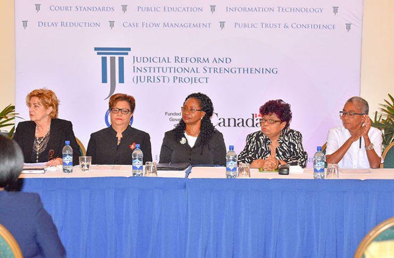 L-R: JURIST Project Director, Dr. Penny Reedie; Judge of the Caribbean Court of Justice and Chair of the Sexual Offences Advisory Committee, Maureen Rajnauth-Lee; Chancellor of the Judiciary, Yonette Cummings-Edwards; Social Protection Minister, Amna Ally; and Director of Red Thread, Karen De Souza seated at the head table during the launching of the model guidelines.