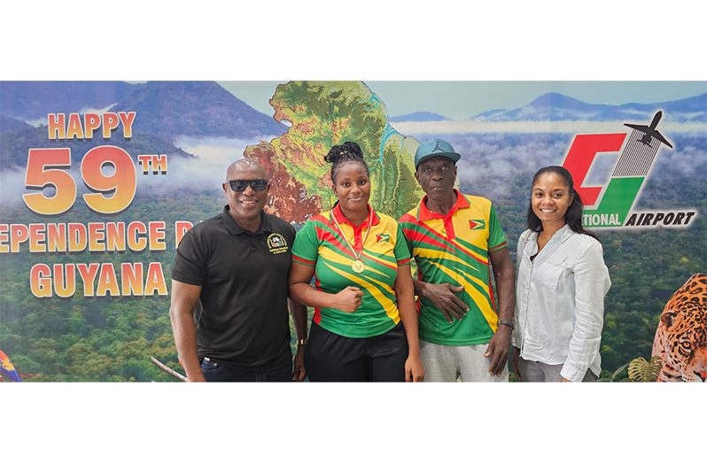 Director of Sport, Steve Ninvalle, Abiola Jackman, National Boxing Coach Lennox Daniels, and Vice-President of the Guyana Boxing Association, Dr. Marissa Parris at the Cheddi Jagan International Airport
