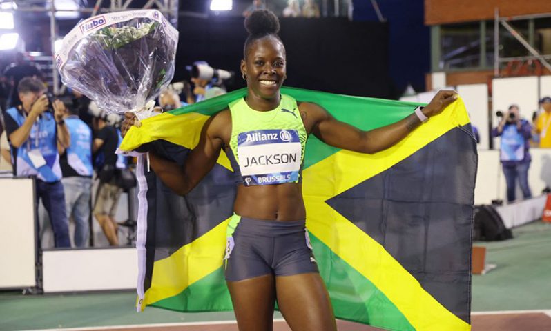 Jamaica's Shericka Jackson celebrates winning the women's 100m final (REUTERS/Johanna Geron)