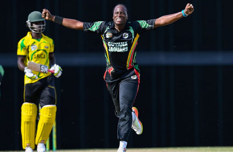 Steven Jacobs celebrates after a wicket for his Guyana Jaguars team.