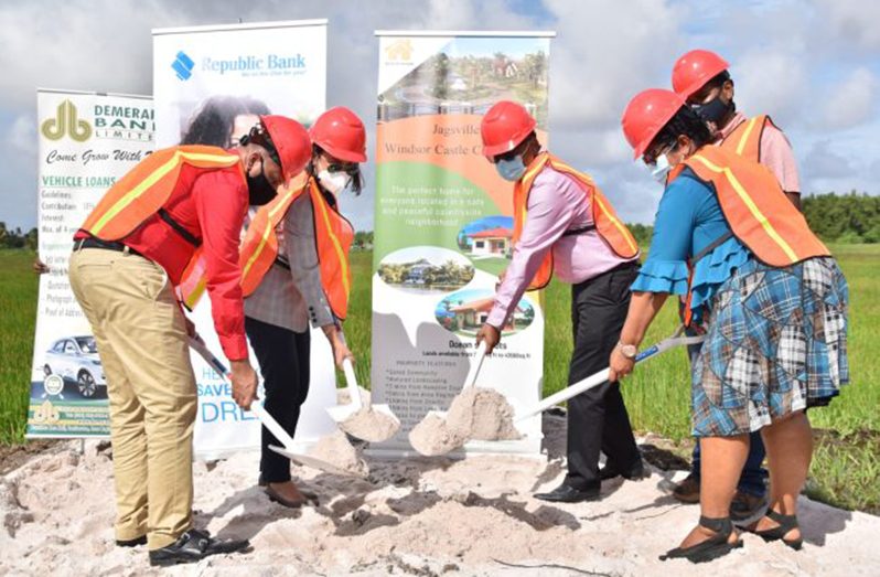 At Thursday’s sod-turning ceremony are, from left, Minister of Housing and Water Mr. Collin Croal; Minister within the Ministry of Housing and Water, Ms. Susan Rodrigues; Principal of Jagsville, Mr. Tamesh Jagmohan; S. Jagmohan Hardware Supplies and Construction Services representative, Mr. Suresh Jagmohan; and Region Two Chairman, Ms. Vilma Da Silva