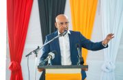 Vice-President, Dr Bharrat Jagdeo speaking at the public meeting held at the New Amsterdam Technical Institute (Office of the Vice-President photo)
