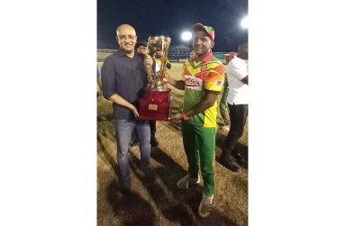 Flashback! Vice-president Dr Bharrat Jagdeo shared the winners cup with Patrick Rooplall in last November’s second edition of the Vice-president’s tournament