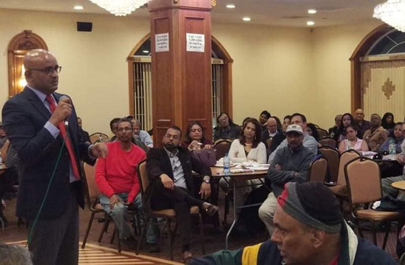 Opposition Leader Bharrat Jagdeo delivering remarks during the PPP Town Hall meeting in Queens, New York