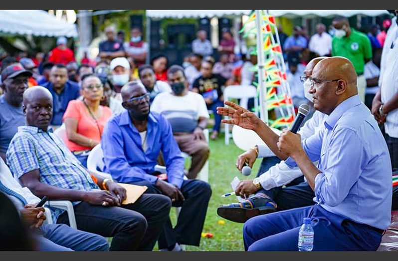 Vice-President Bharrat Jagdeo addressing Region 10 residents during his recent outreach (DPI photo)