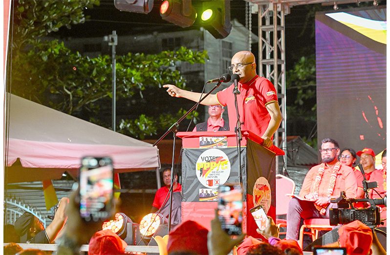 General Secretary of the PPP/C, Dr Bharrat Jagdeo addressing a mammoth crowd at the political rally in Bartica