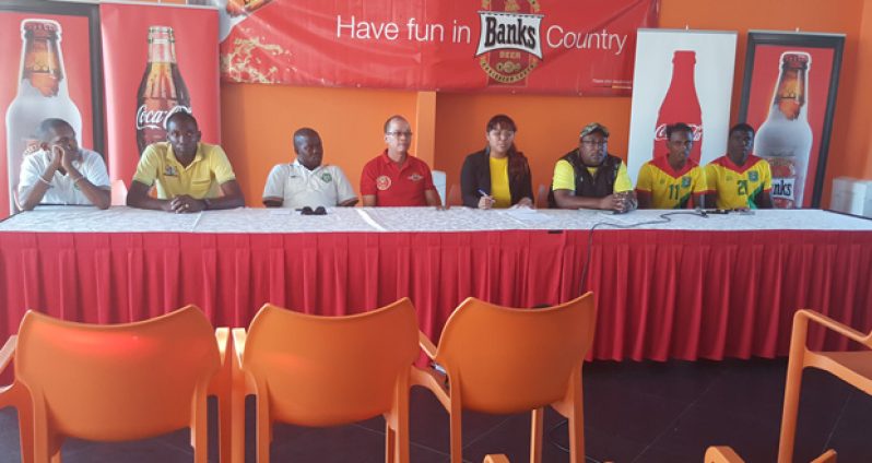 Golden Jaguars Captain Gregory ‘Jackie Chan’ Richardson makes a point during pre-game press conference  ahead of the match  between Suriname and Guyana. (Stephan Sookram Photo)