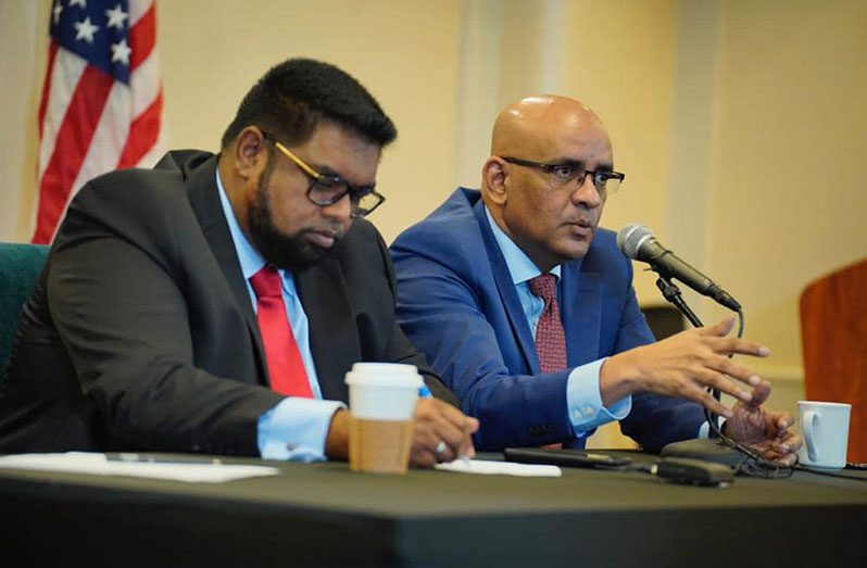 Vice President, Dr. Bharrat Jagdeo, in the presence of President, Dr. Irfaan Ali, addressing a press conference in New York on Friday last