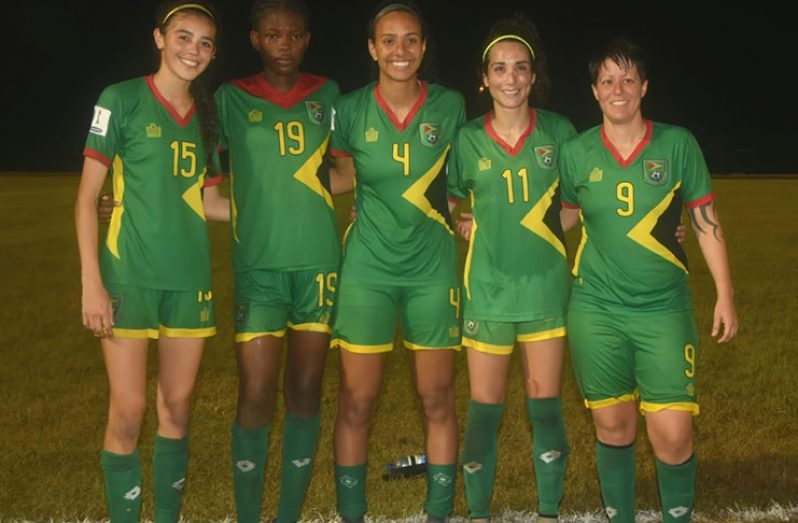 From left: Guyana’s goalscorers Brianne Dessa, Tiandi Smith, Sydney Cummings, Calaigh Copeland and Brittany Persaud (Adrian Narine photos)