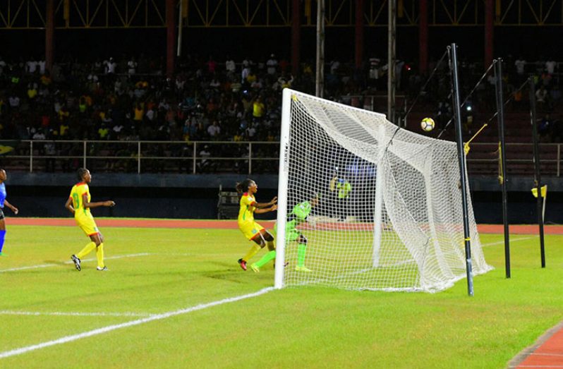 Guyana’s Cameo Hazlewood had the best chance to score when she went one-on-one with Barbados’ Rhea Holder in goal, but her attempt went sailing over the cross bar. (Samuel Maughn photo)