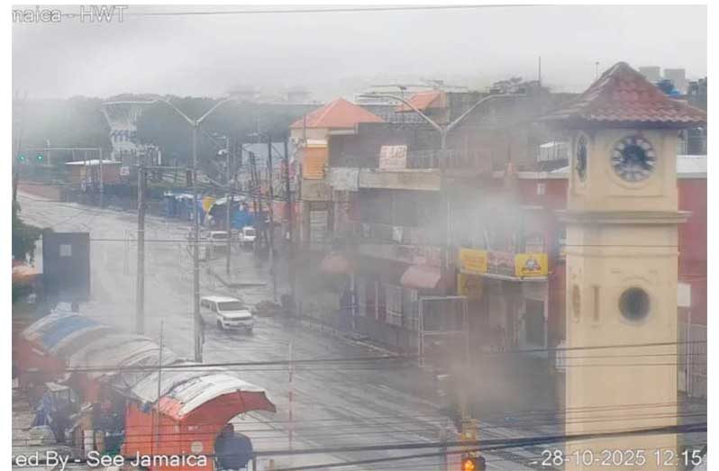 Video grab from a CCTV camera shows downtown Kingston as Hurricane Melissa makes landfall in Jamaica, on October 28, 2025 [Handout/See Jamaica via AFP]