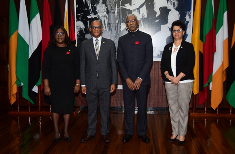 President David Granger (second right) with His Excellency Arthur Williams, Non-Resident High Commissioner of Jamaica to the Cooperative Republic of Guyana (second left), Minister of Foreign Affairs, Dr. Karen Cummings (left) and Director General Ministry of Foreign Affairs, Ambassador Audrey Waddell (right).
