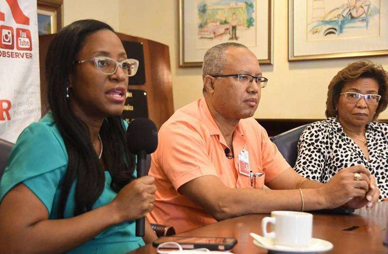 Consultant urologist Dr Belinda Morrison-Blidgen (left) stresses the importance of screening for prostate cancer as it is the most lethal cancer among men. To her right are consultant urologist Dr William Aiken and consultant haematologist/oncologist Dr Gilian Wharfe. (Photo credit: Naphtali Junior; retrieved from Jamaica Observer)