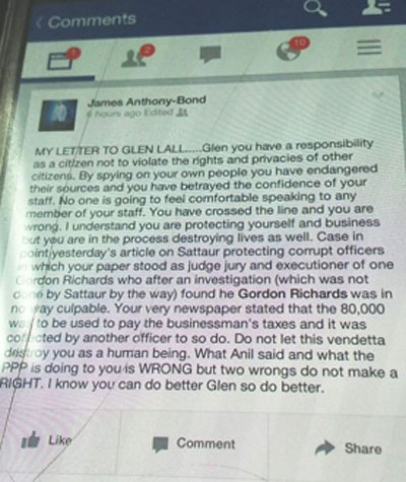 A screen shot of the comment posted on the Facebook page of MP James Bond