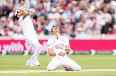 James Anderson can only laugh after dropping a caught-and-bowled chance•Jul 12, 2024•Alex Davidson/Getty Images