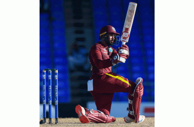 Amir Jangoo of West Indies hits 4 during the 3rd and final ODI between West Indies and Bangladesh at Warner Park, Basseterre, Saint Kitts and Nevis, on Dec 12, 2024.