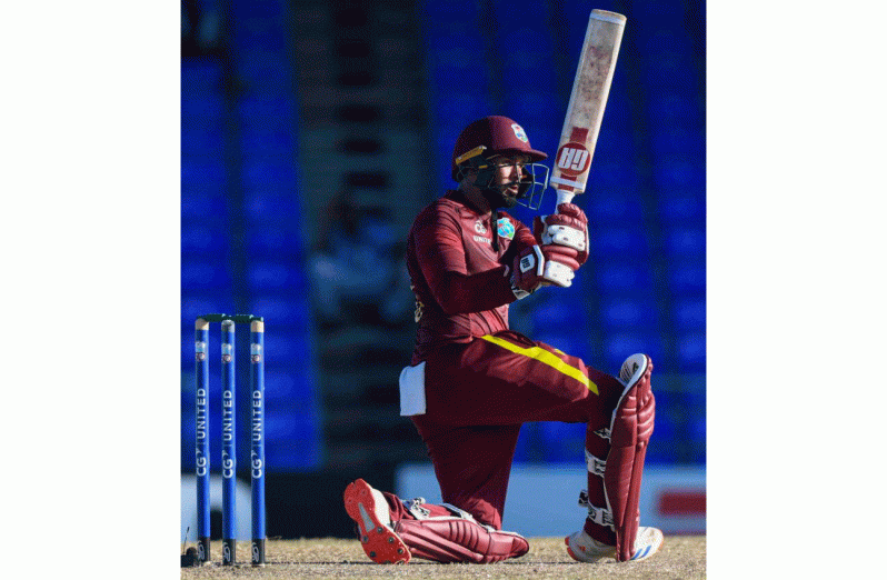 Amir Jangoo of West Indies hits 4 during the 3rd and final ODI between West Indies and Bangladesh at Warner Park, Basseterre, Saint Kitts and Nevis, on Dec 12, 2024.