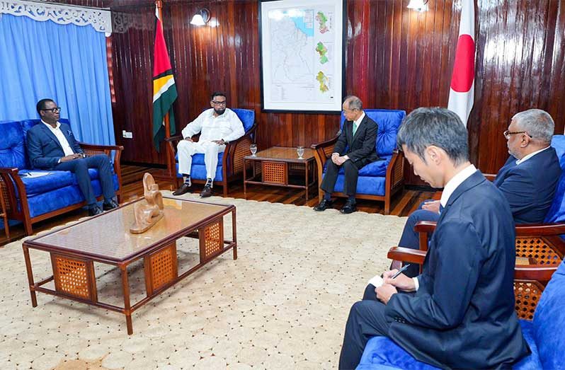 President Dr. Irfaan Ali and non-resident Ambassador of Japan, His Excellency Akima Umezawa in discussions at Office of the President (OP photo)