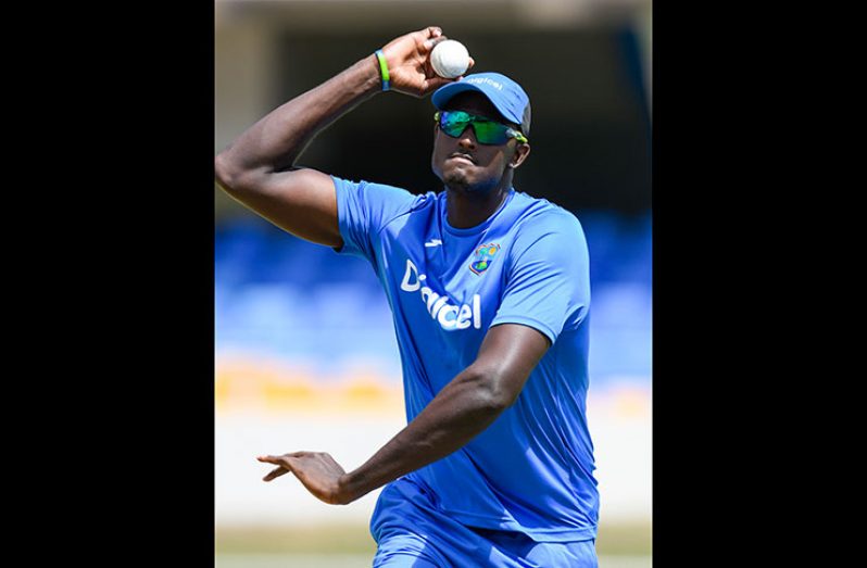 West Indies captain Jason Holder bowls at net practice.