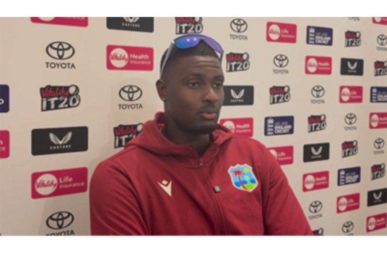 Jason Holder speaks to members of the media following the West Indies’ 21-run loss to England in Friday’s opening T20I (Photo courtesy (CWI Media)