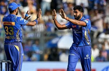 Mumbai Indians Jasprit Bumrah (right ) celebrates
