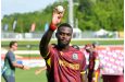 Jayden Seales of the West Indies raises the ball to the crowd after leading his team to victory in the third and final One Day International (ODI) cricket match against Pakistan.