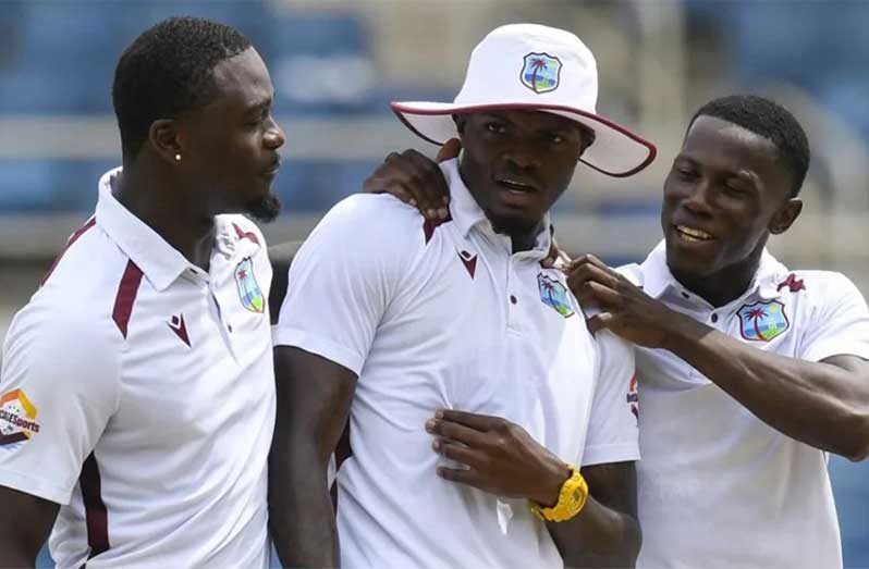 Jayden Seales, Alzarri Joseph and Shamar Joseph picked up the ten Australian wickets•(AFP/Getty Images)