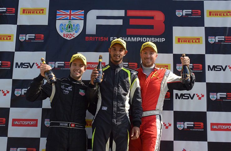 Guyanese Kristian Jeffrey (centre) wins on his debut in the Radical SR1 Class.