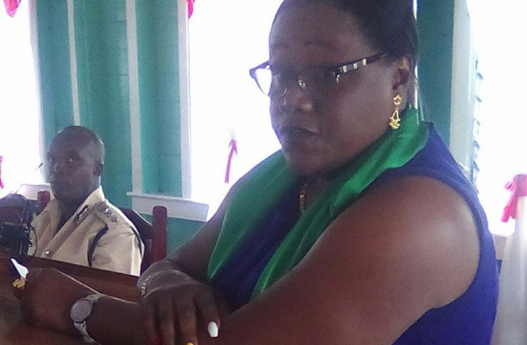 Minister within the Ministry of Natural Resources, Ms Simona Broomes as she addressed women at a function at the New Amsterdam Prison in Berbice on Thursday. Seated at left is Director of Prisons, Mr  Gladwin Samuels