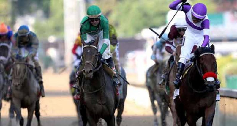 Jockey Mario Gutierrez celebrates atop Nyquist after winning the 142nd Kentucky Derby. (Rob Carr)