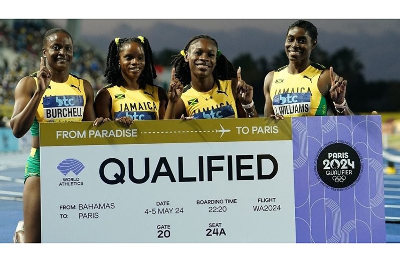 Remona Burchell, Tia Clayton, Alana Reid and Jodean Williams after qualifying for Paris on Sunday.