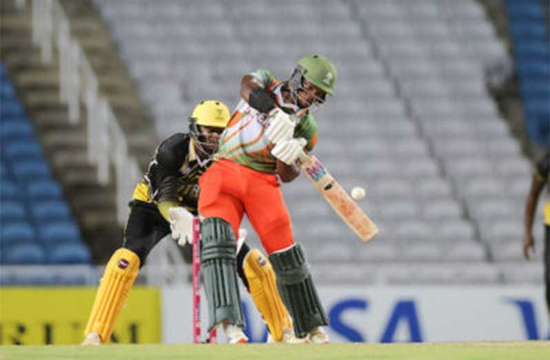 Johann Jeremiah of the Windward Islands Infernos on the go during his knock of 97 against the Jamaica Titans (Photo courtesy CWI Media)