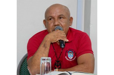 Derrick John, Chairman of the National Toshaos Council, speaks at a forum ahead of COP30 (Japheth Savpry photo)