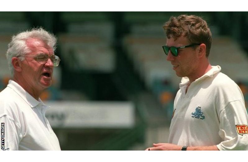 John Reid (left) who became a match referee for the ICC in later life, is here officiating in a West Indies-England series in 1994.