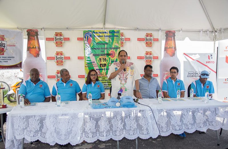 (Flashback) President of the Georgetown Softball Cricket League Inc. (GSCL Inc.) Ian John (seated extreme left) listens attentively as Prime Minister and First Vice President, Moses Nagamootoo, delivers brief remarks when the tournament was officially launched on September 10th last