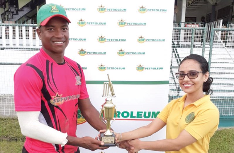 Georgetown Skipper and centurion, Leon Johnson, showed off his class during his run-fest at the GCC Ground, Bourda, yesterday (Clifton Ross Photo)