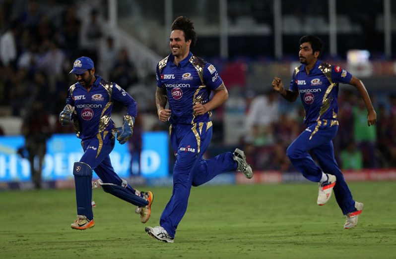 Catch 'em if you can: Parthiv Patel, Mitchell Johnson and Jasprit Bumrah set off on a celebratory run, Mumbai Indians v Rising Pune Supergiant, IPL final, Hyderabad, May 21, 2017. (BCCI photo)