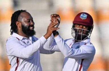 Jomel Warrican (left) was named Player-of-the-Match and Player-of-the-Series after taking 19 wickets in the two Test series against Pakistan