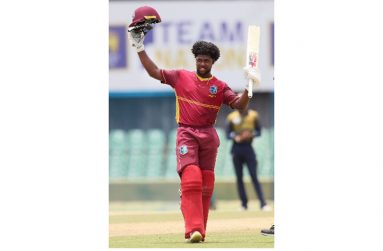 Jordan Johnson celebrates his brilliant hundred in the second Youth One-Day International against Sri Lanka Under-19s on Wednesday (Photo courtesy CWI Media)