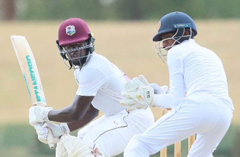 Jordan Johnson plays behind square during his unbeaten fifty on day three of the opening Youth “Test”. (Photo courtesy of CWI Media)