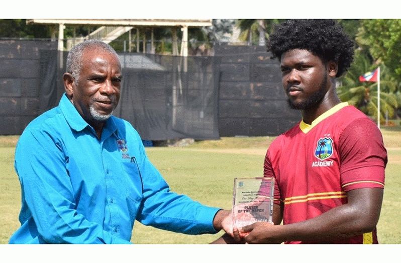 Jordan Johnson receiving his Player of the Match Award following his unbeaten 40 that led the West Indies Academy to a seven-wicket victory over Emerging Ireland.