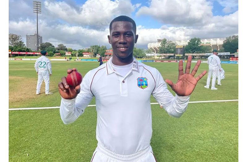 Sharmar Joseph celebrates his five-for in South Africa.