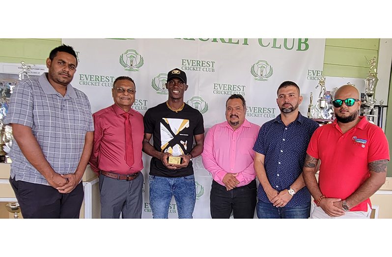 From left: Everest member Robin Bharat, President Manzoor Nadir, Shamar Joseph, John Ramsingh, Dwayne Adams and Satyendra Khemraj after honouring the West Indies pacer on Tuesday